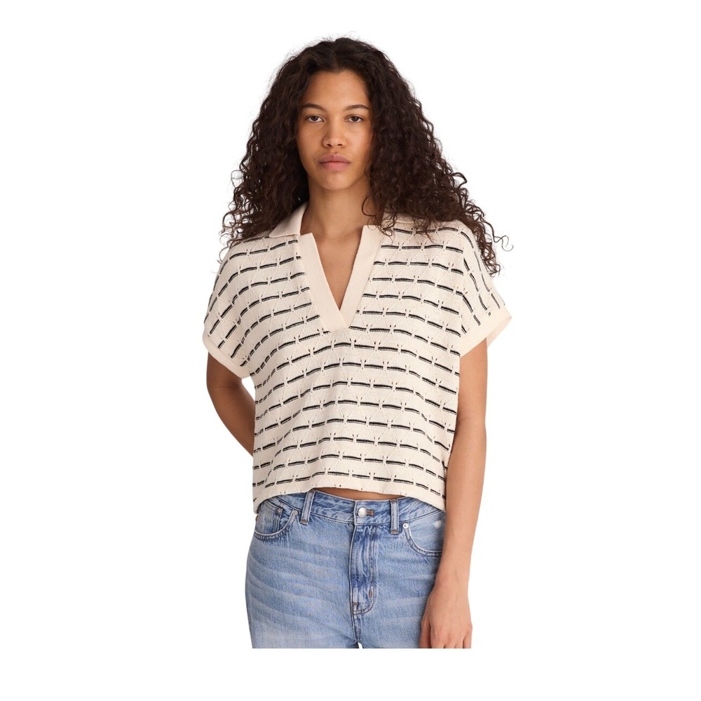Madewell Diamond Knit Relaxed Polo Shirt Beige Black Stripe Short Sleeve XS